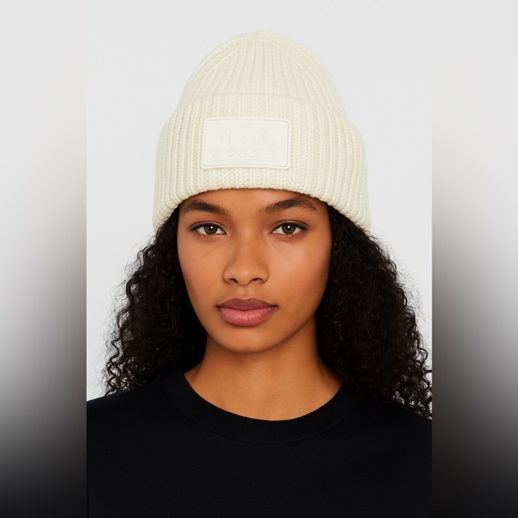 Coach Accessories - COACH Cream Knit Beanie with Leatherware Logo Patch – Unisex Winter Hat